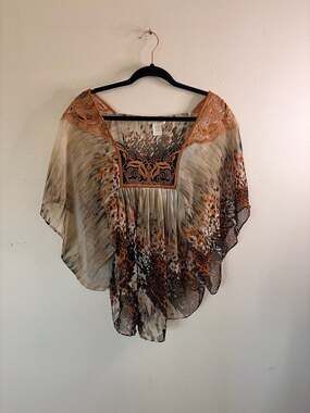 Hot & Delicious Leopard Animal Print Embroidered Batwing Boho Blouse Tunic L
